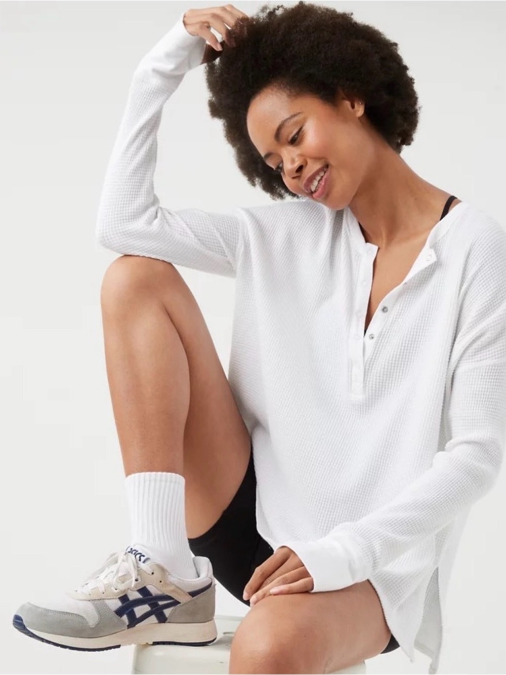 Aerie offline white oversized waffle Henley tee long sleeve XS